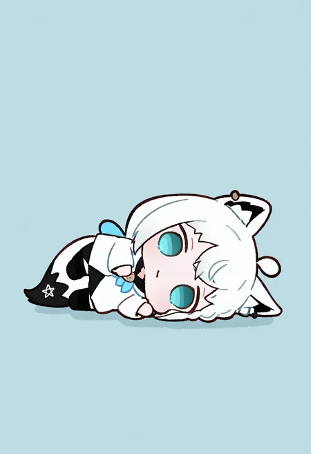<lora:Style_KikivVmal:1>, chibi, simple background, shirakami fubuki \(1st costume\), lying, on side, empty eyes, masterpiece, best quality