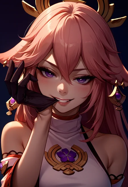 score_9, score_8_up, score_7_up, source_anime, 1girl, glove biting, mouth hold, black gloves, <lora:AdjustingGlovesWithLips_XLPD-000009:1>, yae miko, upper body, seductive smile, looking at viewer,