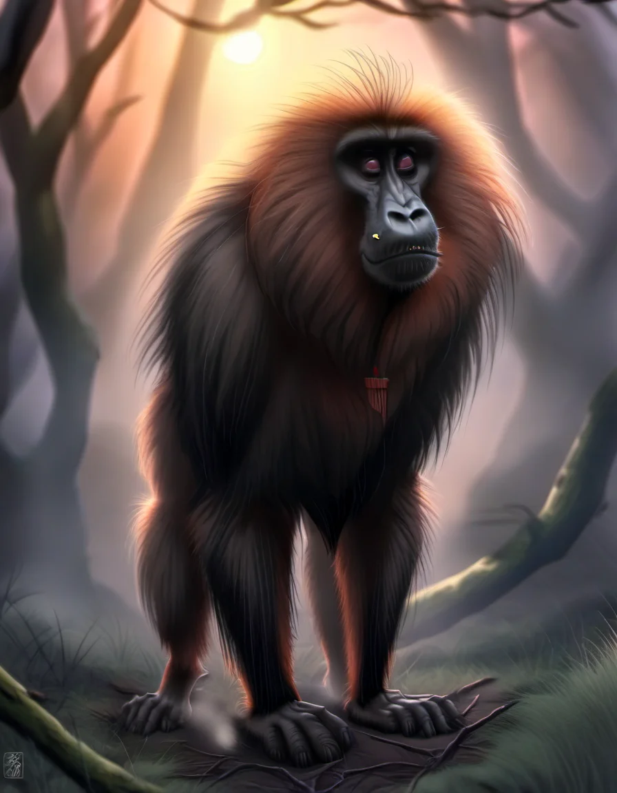 a Gelada baboon in The Mystic Woods landscape at Sunrise, sharp focus, detailed, sub surafce scattering, glow, dust, volumetric light <lora:TOONER_1_RC:0.9>