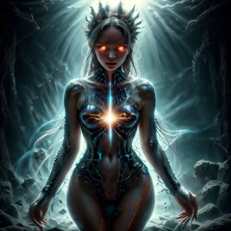 Create a fantasy portrait of a mystical female figure with deep blue skin adorned with golden and turquoise textures, resembling tribal patterns. Her hauntingly vibrant yellow eyes should pierce through the dimly lit, smoky background. Intricate dark blue veins, resembling tree branches, web across her face and neck. This enigmatic figure dons a weathered teal turban, with strands of wispy white hair escaping at the edges. Her ears are elongated and decorated with large, ornate earrings made of aged bronze with cobalt blue accents. Her presence is emphasized by the mystical, ornate staff she grips firmly in her right hand, looming tall and crafted from ancient, corroded metal with an eerie glow. She wears a tattered, earth-toned robe draped over her slender form. Her lips are cracked, hinting at a powerful, sinister whisper. The ominous atmosphere is amplified by a subtle glow, suggesting unseen powers at play. Bygobi.Include a mystical amulet with an etched symbol on her forehead and a prominent, gothic ring on her finger. The overall composition should evoke an air of dark sorcery and enigmatic wisdom.