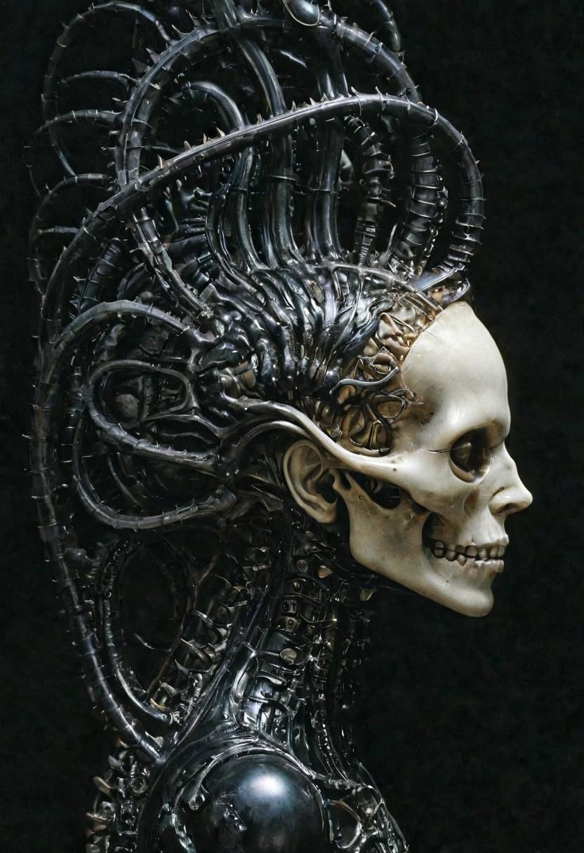 By H.R. Giger, very long dark path over the human spine to the brain, impulses that skip, confused synapses, growing affection