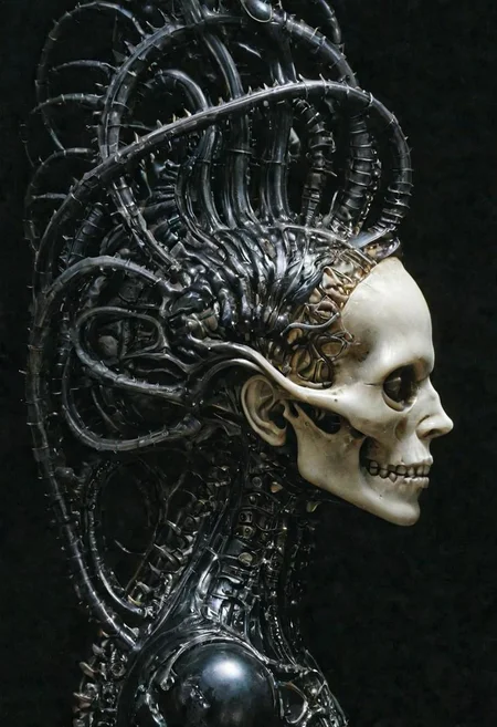 By H.R. Giger, very long dark path over the human spine to the brain, impulses that skip, confused synapses, growing affection