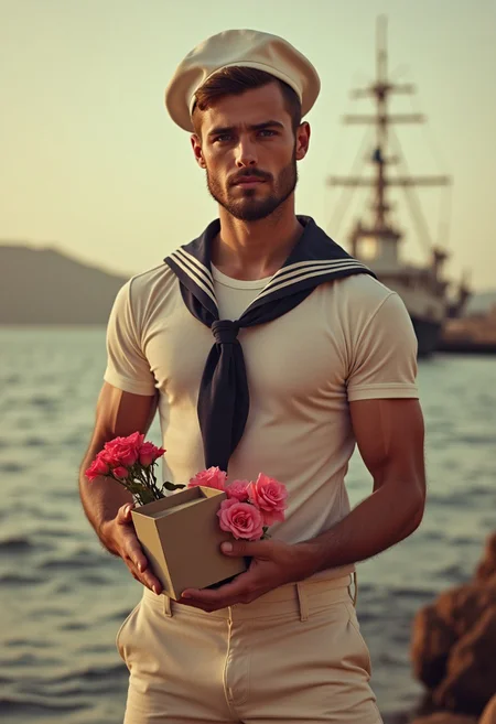 Analogue medium shot, 1960s editorial, sepia, of a male sailor, he stands in front navy ship looking at viewer, he is wearing traditional sailor uniform, but his shorts are very short. his shirt fits tightly over his bodybuilder physique. His facial hairs give him a masculine look but he is youthful and shy. holding a heart shaped box, a lover letter, and roses. Convey the feeling of wonder and old Hollywood glamor