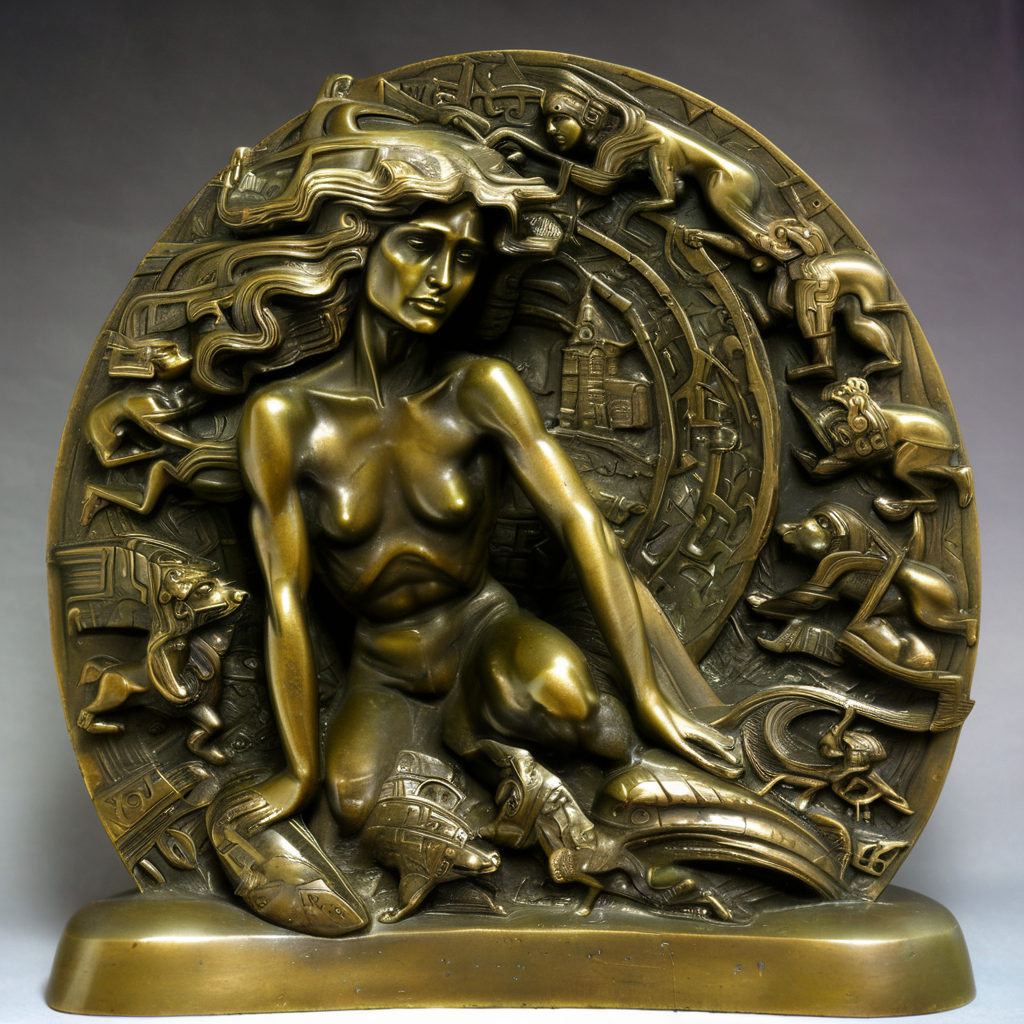szukalski bronze girl ornaments in dark city<lora:szukalski:0.8>