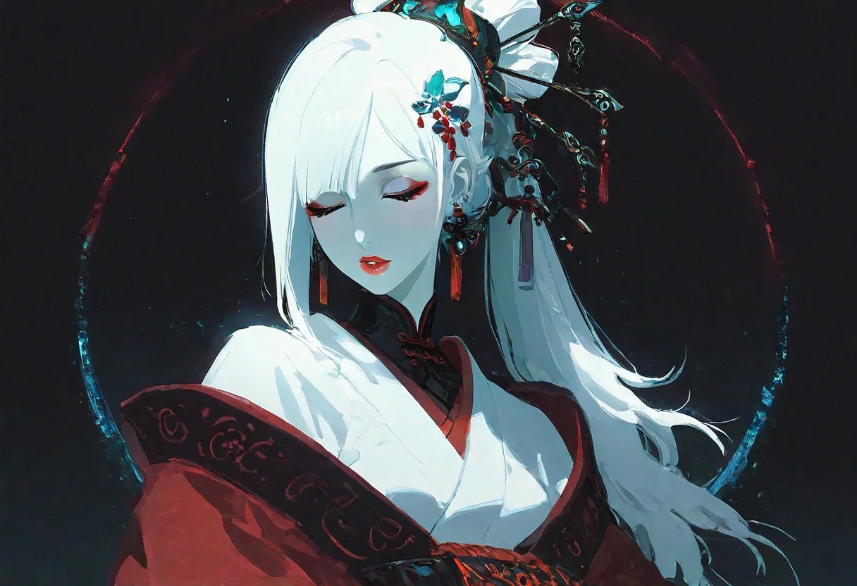 masterpiece, best quality, amazing quality, 1girl, solo, long hair, hair ornament, upper body, closed eyes, white hair, ponytail, earrings, parted lips, japanese clothes, kimono, lips, makeup, colored skin, black background, lipstick, pale skin, eyeshadow, eyeliner, red lips, hair stick, circle, Cinematic Lighting, <lora:ppw_v7_noobEv1.1:0.5> <lora:XXX667:0.5> <lora:nhl-004:0.8>