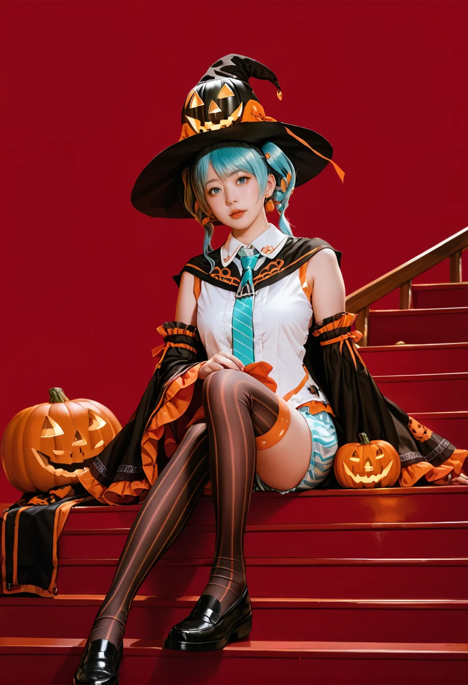 1girl,cowboy shot,red background,,ruanyi1053,aqua necktie,cape,detached sleeves,frills,halloween costume,jack-o'-lantern,vertical-striped thighhighs,vertical-striped shorts,wide sleeves,
sitting on stairs,<lora:1053 halloween costume_v1_pony:1>, score_9,score_8_up,score_7_up,,8k,1girl,solo,,