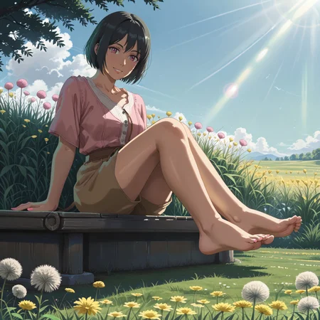 gwfeet, 1girl, sitting, bare legs, barefoot, black hair, smile, dandelion, feet, toes, foot focus, soles, grass, flower, sunlight, light rays, toes, light pink nails