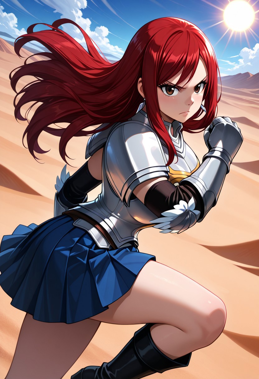 masterpiece, best quality, amazing quality, dynamic view,  solo, dynamic view,  solo, 1girl, masterpiece, best quality, bokeh, luminescent background, 
(erzascarlet,,
 red hair, long hair, earring,  brown eyes, shoulder tattoo, fairy tail tattoo, large breasts,,
armor, breastplate, gauntlets, pauldrons, shoulder armor, pleated skirt, blue skirt, khee boots, black boots,
, ), 
outdoors, (desert), kicking, kicking at viewer, motion lines, motion blur,, scenery, horizon, high kick, looking at viewer, blue sky, sun, v-shaped eyebrows, serious, closed mouth