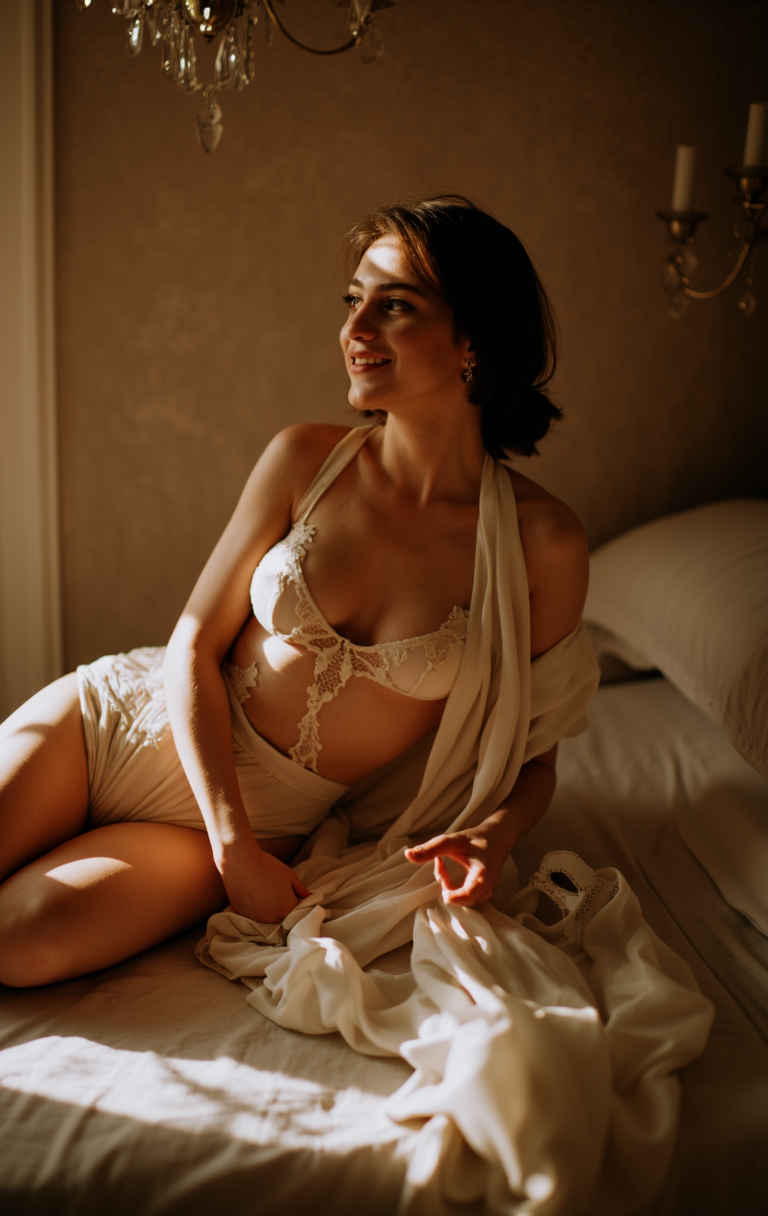 A playful, seductive woman lounging in an opulent, vintage boudoir, bathed in soft, golden light. She's draped in luxurious silk and lace, her pose suggestive yet classy, with a teasing smile that invites a knowing look. The scene includes delicate details like intricate chandeliers, a plush velvet chaise, and sensual, artful compositions of shadows and light on her body. The setting evokes a timeless, classic beauty, while her expression and posture hint at a humorous yet provocative confidence. Add a subtle, cheeky element, like a feathered mask or teasing prop in hand, to evoke a playful, sensual atmosphere.
