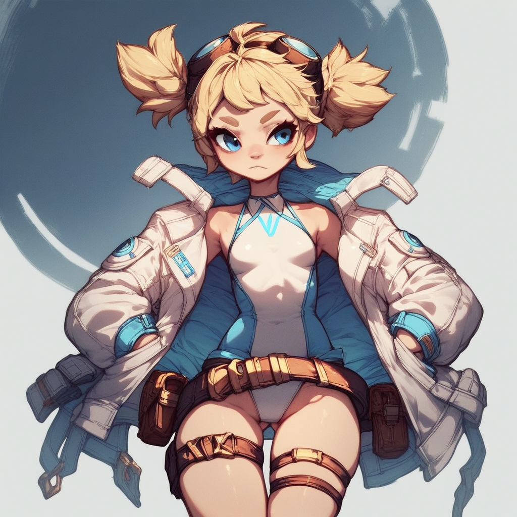 score_9, score_8_up, score_7_up, Pengy, blonde, blue eyes, small breast, goggles on head, white jacket, white leotard, belt, thigh strap