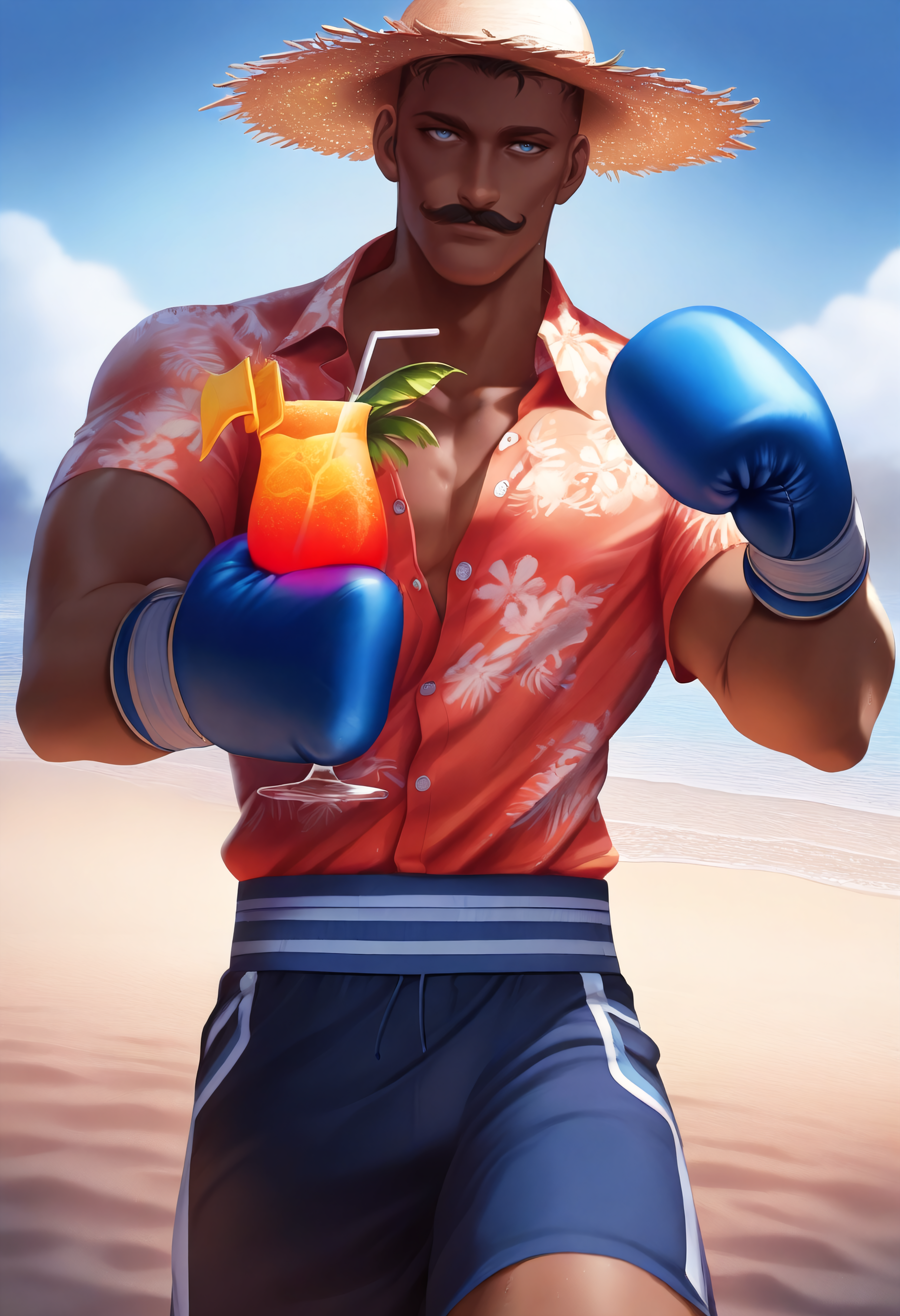 masterpiece, best quality, absurdres, outdoors,beach,solo,1boy, ddlyn11,mustache, dark-skinnned male, black hair, short hair, blue eyes,aloha shirt,buttoned shirt,blue gloves,boxing gloves,holding tropical beverage,swim trunks,cowboy shot,looking at viewer,straw hat,smile  <lora:ddly_n11:0.8> <lora:olch_n11:0.8>
