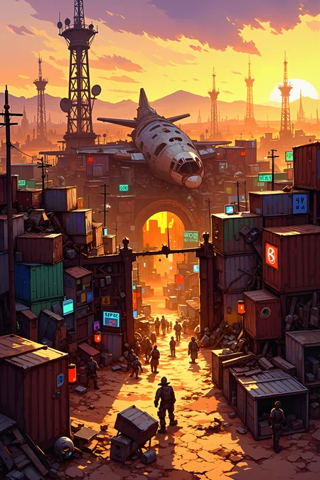 A sprawling, haphazard settlement built from rusted shipping containers, broken aircraft parts, and salvaged neon signs rises from the cracked desert floor. Towering watchtowers made from repurposed radio antennas and old satellite dishes surround the base, each one manned by heavily armed sentries in patchwork armor. In the center, a massive gate made from the remnants of a crashed airliner stands half-open, revealing a bustling marketplace where traders, mechanics, and mercenaries haggle over supplies. The setting sun bathes the fortress in a golden light, casting long shadows over the wasteland beyond. KNKstyle.<lora:KNKstyle_-_FLUX:0.5><lora:Dark_and_Colorful_FLUX_OT:0.4><lora:Videogame_Cartoon_Flux:0.4>