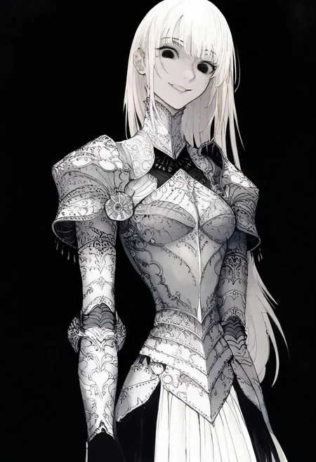 solo, looking at viewer, black eyes, black background, 1woman, long white hair, extremely pale skin, smirking, confident, white and black armor, masterpiece, best quality, very aesthetic, absurdres
<lora:monfornoob:0.95>