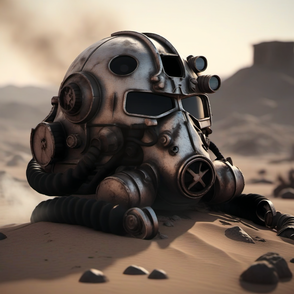 Dystopian style a futuristic helmet on the ground, desert, Retrofuturism, war, explosions, fires, smoke <lora:Fallout1024:0.8> . Bleak, post-apocalyptic, somber, dramatic, highly detailed