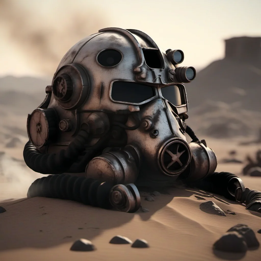 Dystopian style a futuristic helmet on the ground, desert, Retrofuturism, war, explosions, fires, smoke <lora:Fallout1024:0.8> . Bleak, post-apocalyptic, somber, dramatic, highly detailed
