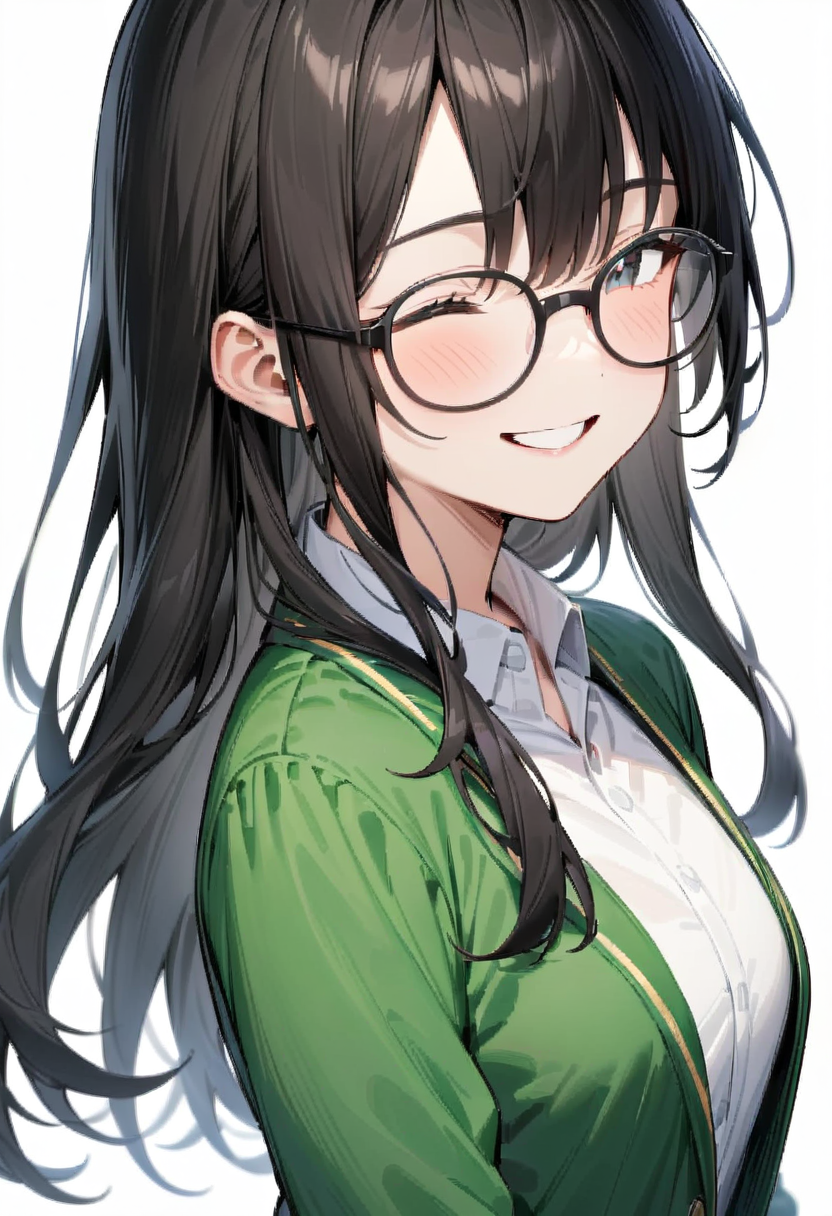 masterpiece, best quality, very aesthetic, absurdres,
1girl, solo, black hair, long hair,
g-boston19s,  glasses, black-framed eyewear,
collared shirt, happy, smile, looking at another, white background, simple background,
<lora:glasses_boston_19s_SDXL_V1:1>