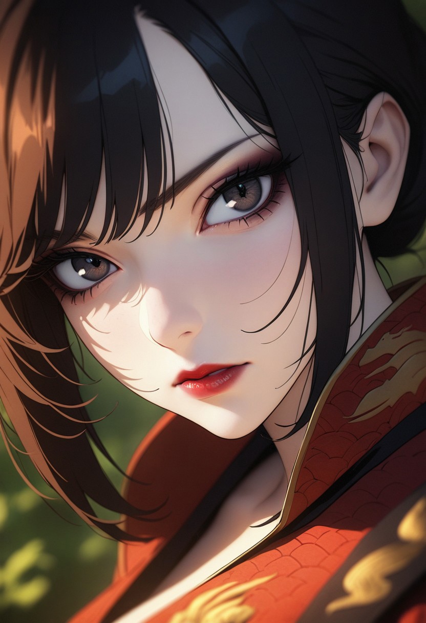 1woman, solo, office white lady, tie, villainess, 1woman, pale skin, black eyes, bob hair, black hair, evil look, big breasts, 
cinematic, (masterpiece), (best quality), (ultra-detailed), very aesthetic, illustration, detailed eyes, perfect eyes, detailed  face, (beautiful detailed face, beautiful detailed eyes) ,extreme details eyes
masterpiece, best quality, amazing quality, very aesthetic, (flat colors:1), (Artist:ilya kuvshinov:1), (Artitst: incase0.65), 1MILF, open eyes, angle, (motion lines:0.3), (motion blur:0.3), mature female, , BREAK dynamic light, warm_light, vibrant colors warm_colors, soft focus, high contrast, textured surfaces, depth of field, golden hour lighting, dramatic shadows, rich details, nature-inspired color palette,
BREAK 
j_art, portrait of a japanese warrior princess, sidelocks, dark eyeshadow, red lips, red plated leather armour embossed with eastern dragon motif, directional light