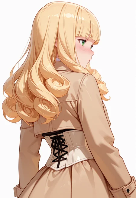 Smooth Quality,masterpiece,very intricate, high quality details, ultra realistic, high detailed skin,detailed enviorement,absurdres,
pinky out,
<lora:Poporon_CNR:0.8> poporon_cnr, 1girl, blonde hair, long hair,blunt bangs, green eyes, curly hair,, bored,, simple background, white background, from behind,solo,, corset top, ,duffle coat, ,high-waist skirt, ,