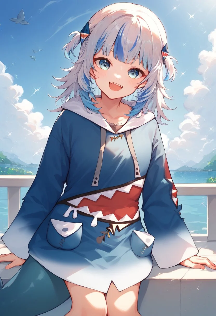 score_9, score_8_up, score_7_up, professional anime,1girl,solo,( gawr gura from hololive),gawr gura, blue hoodie, two side up, shark hair ornament, shark tail,age regression,short female,happy