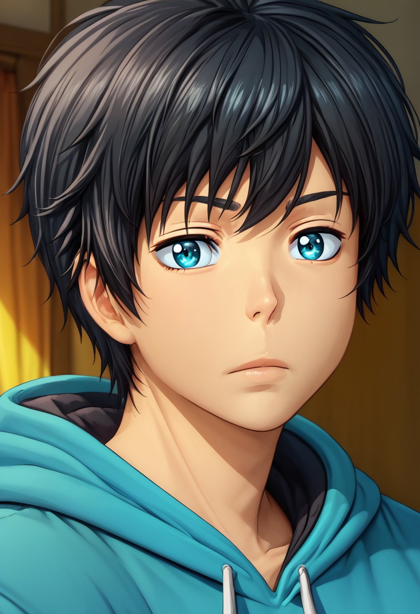high resolution, solo, best quality, 1Boy, Arata Kaziaki, Black Hair, Blue Eyes, Bangs, Hoodie, close up, portraits,