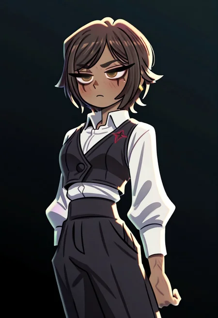 p0ch1,outis,short hair, brown hair, brown eyes, dark skin,collared shirt, long sleeves, white shirt, black pants, black vest