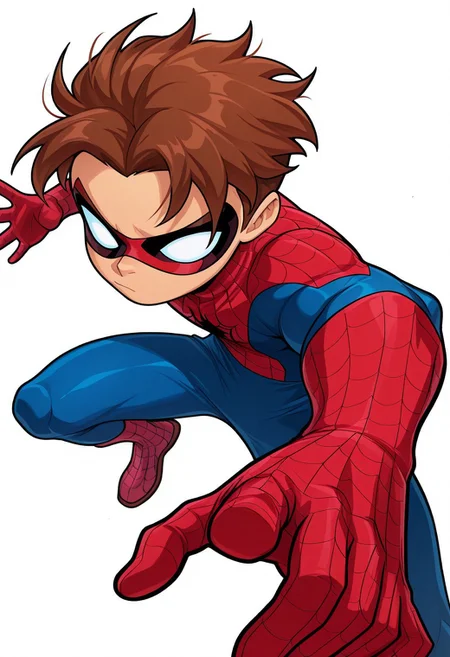 masterpiece, arwe, dynamism, foreshortening, best quality, amazing quality, very aesthetic, absurdres, newest, 1boy, solo, cute boy, male focus, Brown Hair, Spiderboy, bodysuit, red bodysuit, blue bodysuit, domino mask, no pupils, white eyes, simple background, dynamic pose, action pose, heroic pose