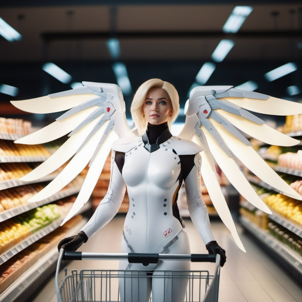 cinematic photo a woman with wings in the back in a white suit grocery shopping <lora:Angel1024:0.8> . 35mm photograph, film, bokeh, professional, 4k, highly detailed