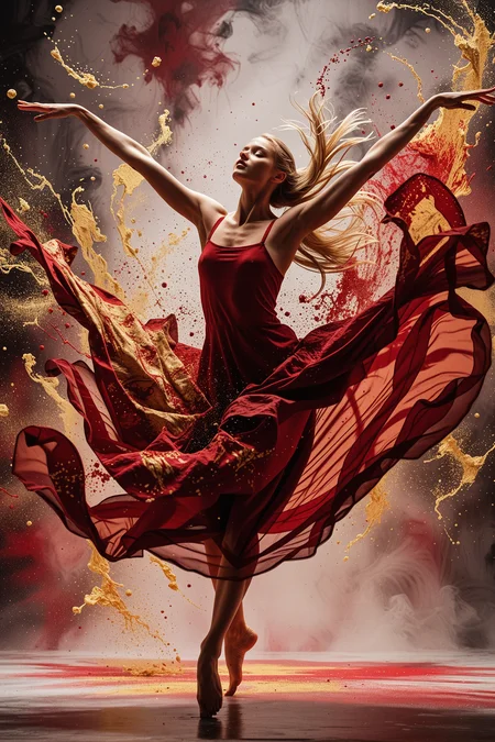 35mm photo from a low angle about a graceful blonde ballet dancer in motion. Depicted in a dynamic pose against an abstract dark background filled with splashes of crimson and gold paint. The dancer is in mid-performance, with her arms stretched out, her long skirt flying with the movement. She is barefoot. Dynamic and energetic atmosphere, close up, cinematic, high detail, highly detailed, intricate, intricate sharp details, dramatic lighting, smooth
