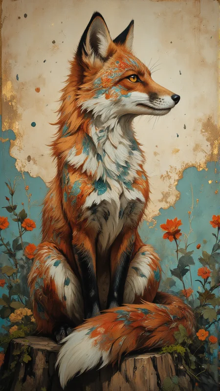 A 3/4-view 9:16 portrait, painterly realism with shallow canvas texture. Diffuse daylight from upper left kisses the subject, soft shadows pooling among flowers. The adult fox sits proud on a mossy stump; short russet-orange fur is overlaid by swirling cloisonné motifsâvermillion blooms, teal droplets, ochre curlicuesâthat echo lacquered inlay. Cream ruff and forepaws add contrast. Amber eyes gaze left with serene focus. No apparel, but ornamental patterning suggests living porcelain. Surrounding foliage is a muted teal and sage underwash dotted with marigold blossoms and curling stems; the backdrop is aged parchment spattered with gold leaf. Color palette: marigold orange (dominant), sage teal (cool split), vermillion red (warm split), sky-blue (accent), parchment beige (variant), weathered gold (neutral). in the style of James Jean, 8k masterwork, whimsical fauna, organic ornament, tranquil reverie, living lacquer <lora:FluxDFaeTasticDetails:0.7000000000000002> <lora:RM_Fantastify_v0.8M_classic:0.8000000000000002> <lora:Defluxion_II:0.6000000000000001>
