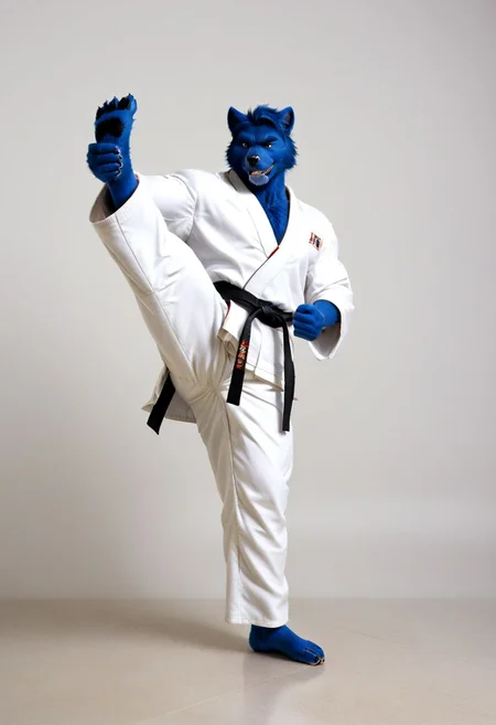 (((Barefoot furry character, full body, cinematic setting, furry male, plantigrade))) 
(((Beast from X-Man))), muscular, beefy, brawny, (((wears white kimono and lonh white pants))), (((performs karate kick))), blue fur on entire body
BREAK, detailed background, 8K, (masterpiece:1.5), intricate details, highly detailed, extreme detail, octane render, fine art, best quality, highres, (detailed face:1.5), ((full_body)), UHD, (((perfect hands))), low light