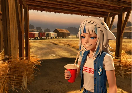 masterpiece, realistic, scenery, 1girl, solo, gawr gura, shark hood, blue eyes, toothy smile, white ranch shirt, denim vest, (holding straw in mouth:1.3), upper body, ranch setting, slight smirk, blurred barns and fencing, dry warm lighting, <lora:POSTAL_2_Style_Lora_V1.0_ILXL_DIM16_E10:1> <lora:dmd2_sdxl_4step_lora:1>
