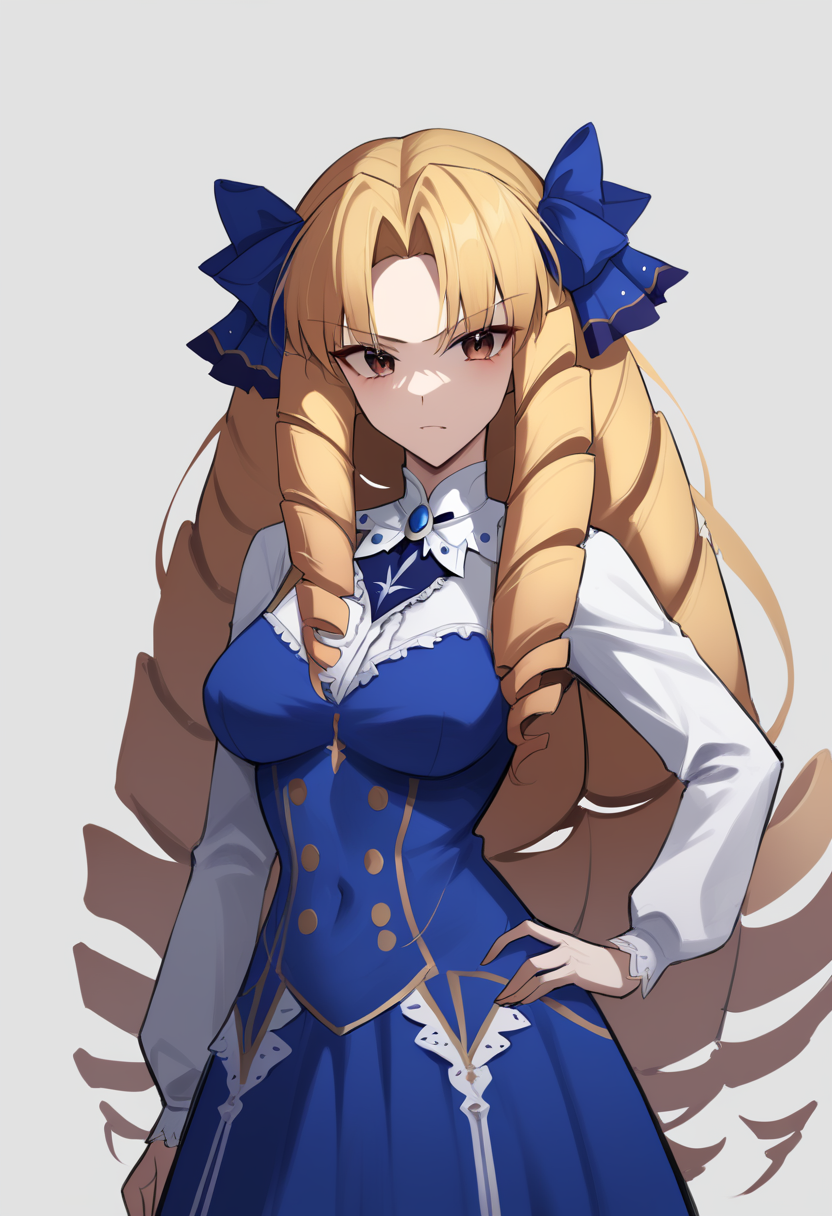 score_9,score_8_up,score_7_up,<lora:fate_hollow_ataraxia_all:1>,1girl, blonde_hair, blue_dress, brown_eyes, drill_hair, hair_bow, hand_on_own_hip, lace-trimmed_dress, long_hair, long_sleeves, looking_at_viewer, luviagelita_edelfelt, simple_background, sketch, solo, white_background