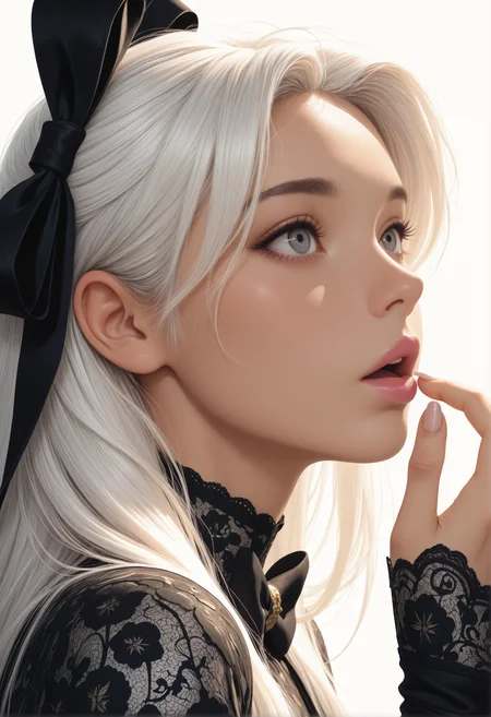 masterpiece, best quality, ultra-detailed, 8k resolution, high dynamic range, absurdres, stunningly beautiful, intricate details, sharp focus, detailed eyes, cinematic color grading, high-resolution texture, photorealistic,
adult, 1woman, very awa,
white background, abstract background pattern, distortion effect, black,
thigh highs, nails, ribbon,
portrait, side view, over the shoulder view, eye contact,
white hair, gray eyes, lace, modern, yellow_accents, pink lips. bowtie, nuzzling lips, :O, astonishes, happy