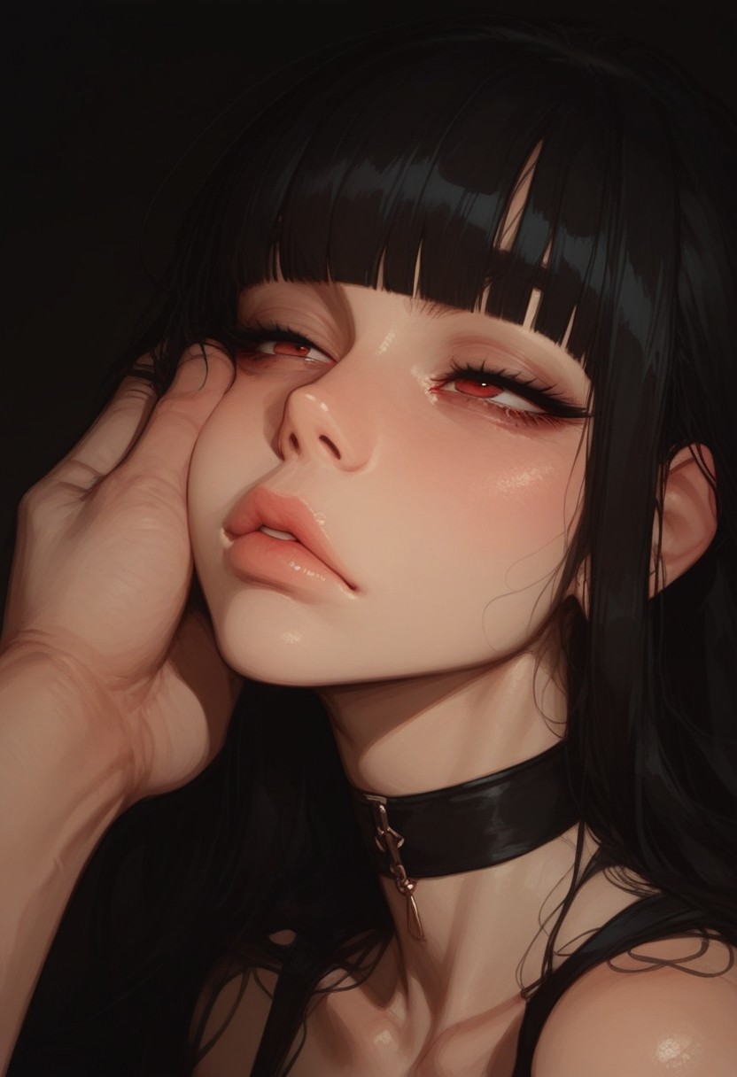 (score_9, score_8_up, score_7_up), 1girl, 20 years old, black hair, slim, straight hair, blunt bangs, hair over one eye, long hair, red eyes, choker, (bored eyes:0.9), scornful look, face, neck, portrait, close up, extreme closeup, black background,facegrab,light-skinned male