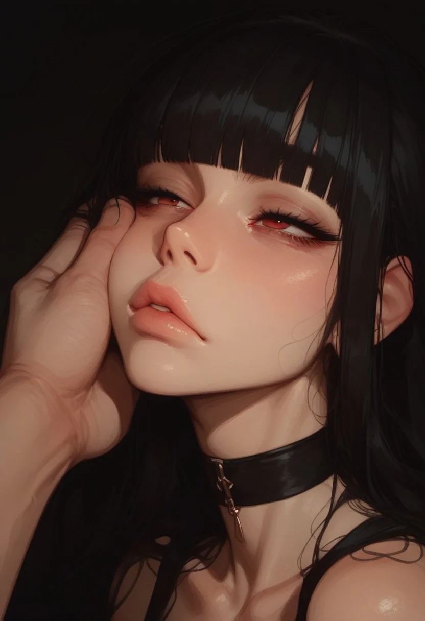 (score_9, score_8_up, score_7_up), 1girl, 20 years old, black hair, slim, straight hair, blunt bangs, hair over one eye, long hair, red eyes, choker, (bored eyes:0.9), scornful look, face, neck, portrait, close up, extreme closeup, black background,facegrab,light-skinned male