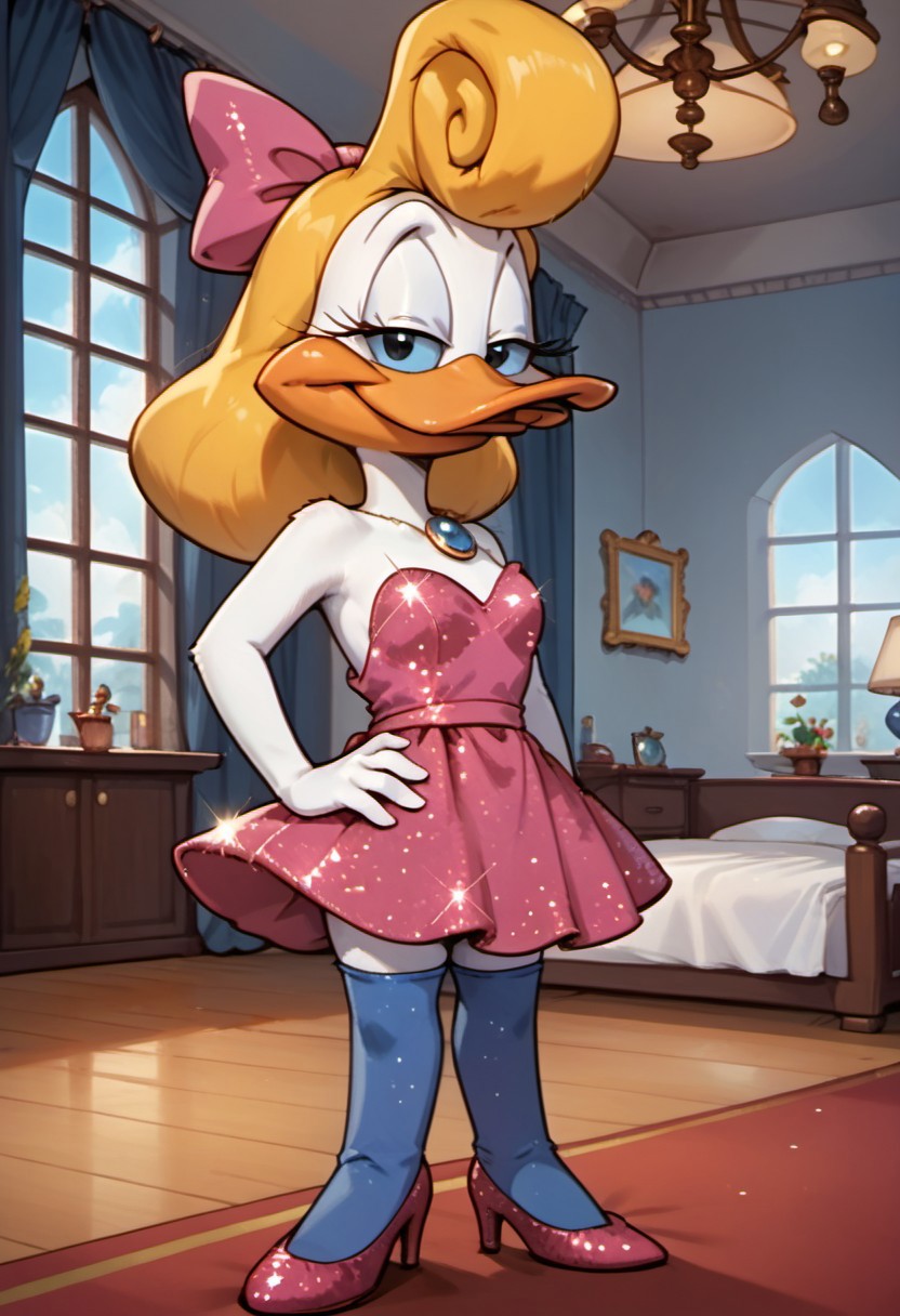 score_9, score_8_up, score_7_up, source_furry BREAK 1girl, solo, Shirleytta, semi-anthro, female, duck, blonde hair, blue sclera, black eyes, white feathers, pink bow, pink shirt, glitter dress, evening gown, blue brooch, blue thighhighs, glitter, smile, half-closed eyes, happy, standing, indoors, bedroom