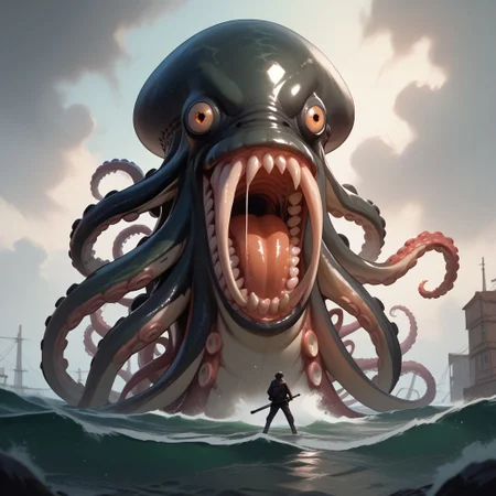 (score_9), (score_8_up), (score_7_up), (score_6_up), (score_5_up), (score_4_up), Gritty, noir, anime, Bright, (Cell Shading), (masterpiece), create the sea monster known as the kraken in a steampunk style, the kraken takes the shape of an octopus with a giant gaping maw with razor-sharp teeth