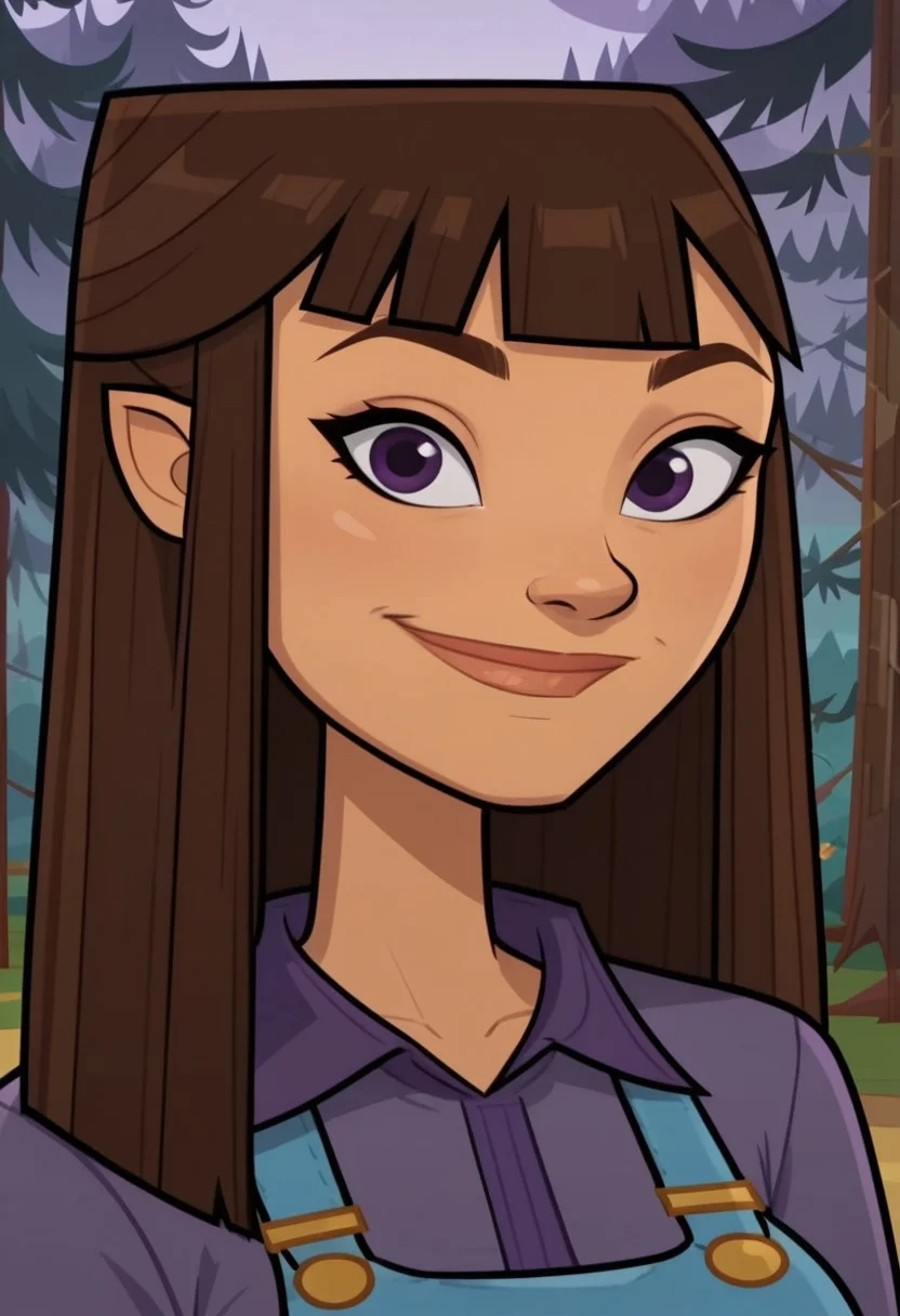 ((Forest background)),score_9, score_8_up, score_7_up,score_6_up,
1girl, Solo, Hannah_DC, tan skin, dark purple eyes, long straight hair, brown hair, purple collared shirt, blue tight overalls, plum ankle boots, big eyes, tall stature, social smile, perfect eyes, perfect smile, looking at the viewer, big breasts, detailed eyes, perfect eyes, cute, standing, (front pose, bust shot, close up to face, face portrait:1)