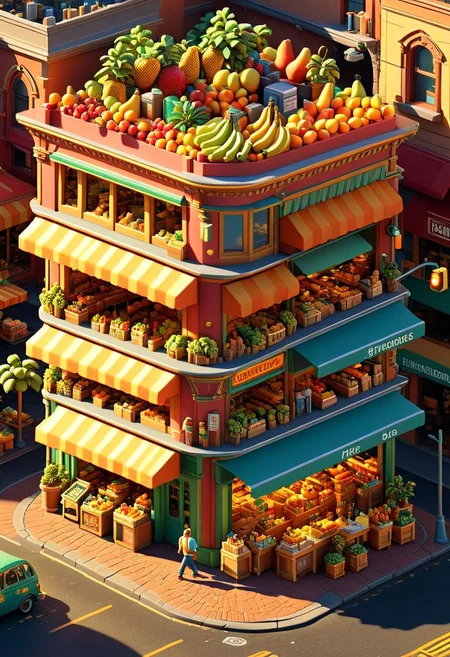 ispzxll, diorama, isometric, miniature, futuristic busy street corner market scene, golden hour, long shadows, volumetric lighting style, pedestrian crowds, fruit stands, parked cars, traffic light, storefronts, taxi cab, trash can, epic architecture, intricate details, potted plants, ultra-detailed, 8k, fluffy clouds