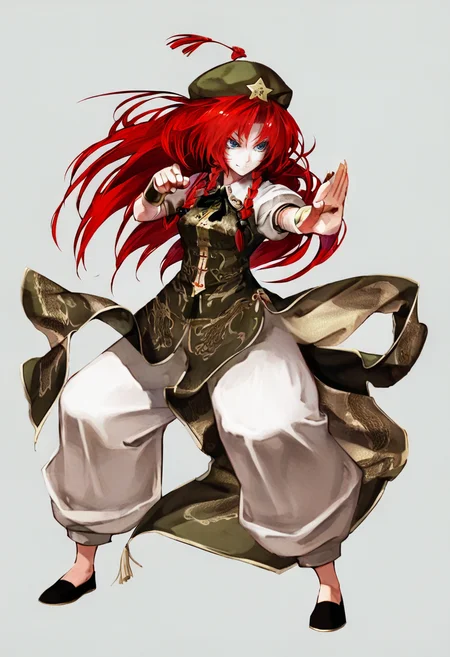 1girl, hong meiling, solo, long hair, hat, red hair, braid, chinese clothes, twin braids, blue eyes, star \(symbol\), pants, white background, hat ornament, star hat ornament, simple background, beret, full body, smile, dress, fighting stance, china dress <lora:banpaiAkiraOSXL_NBVP1_lokr_V6311P:0.95>