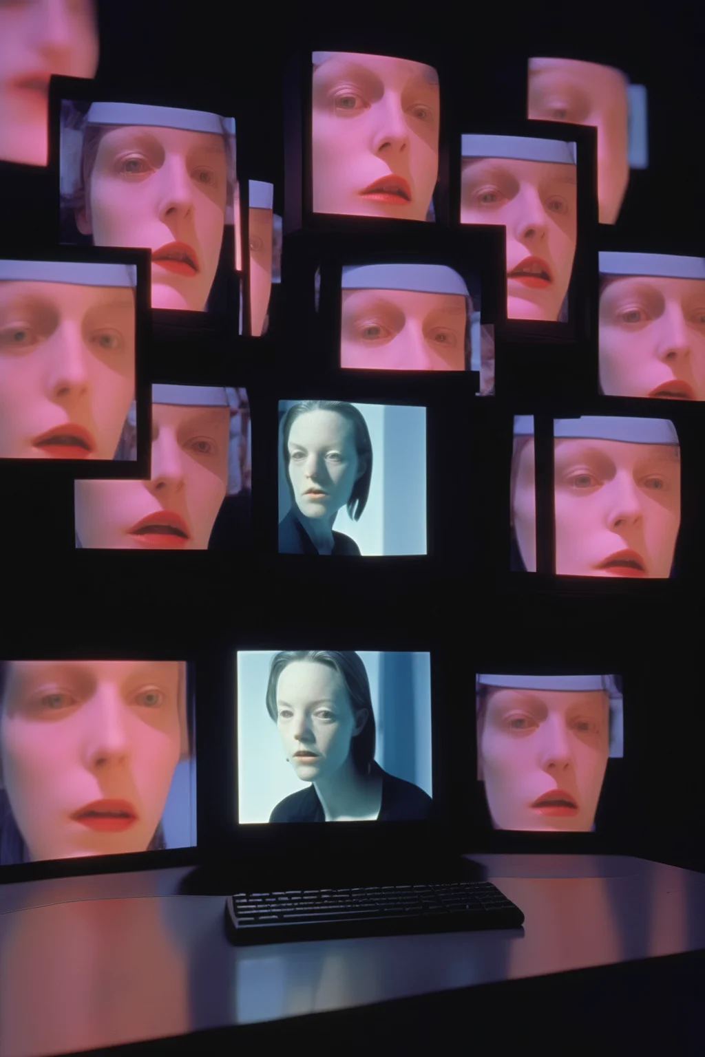 <lora:Video installation:1>Video installation - 2000 35mm photos by Chris Cunningham of view on a phone screen of a zoom call, deconstructed-screen-in-screen reflected onto a computer screen