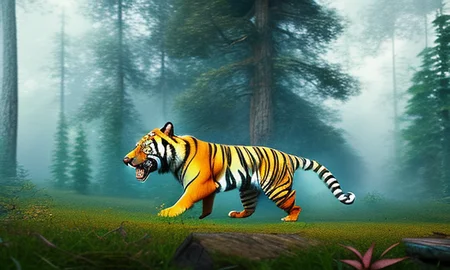 a tiger running in forest, castle faraway in the horizon, cartoona-animals