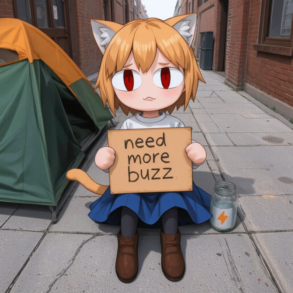 (masterpiece, absurdres, best quality,) perfection style, an image of Neco Arc, a chibi with short, messy, light tan hair. She has large, red eyes and cat ears. She wears a simple, white, long-sleeved shirt, and a blue, pleated skirt. Her legs are covered in dark gray tights, and she is wearing brown, ankle-length boots. Her tail, which is light tan and slightly curved, emerges from her skirt and extends behind her., sad, frown, homeless, facing viewer, pov, from above, sitting down on the sidewalk, holding sign with the text "need more buzz" in black marker, next to a small empty glass jar with a SuchBuzzLogo sticker on it, in front of a tent and a trash can, city, street, alley way
