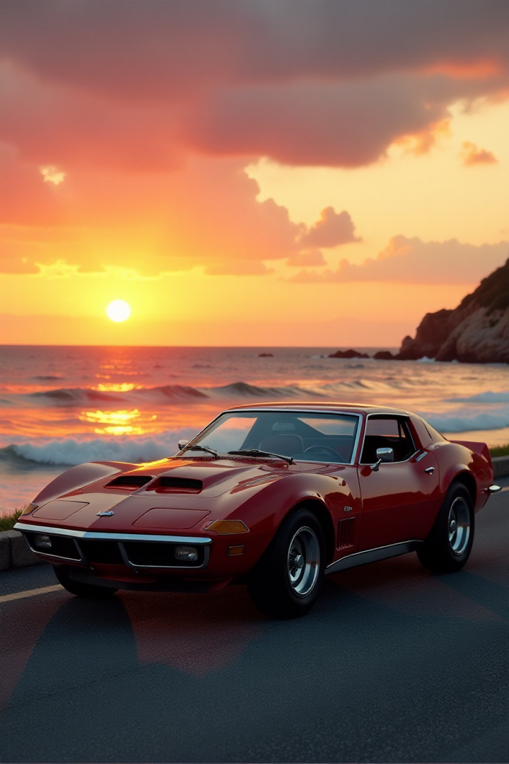 an impressive 70s classic sports 70s car near an ocean at sunsetâââ