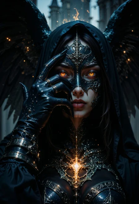 The scene depicts a seraphic figure, her face partially hidden behind a gloved hand covered in smooth, raven-black leather. Her sharp features, etched with elegance, are accentuated by the faintest flicker of silver light across her lips. Her eyes, glowing with molten gold, are piercing and unblinking, as if they are capable of burning through reality itself. The fingers of her gloved hand are tipped with obsidian-like talons, each glinting in the dim light. Faint symbols swirl beneath the leather, as if alive with hidden energy. At her throat, a blackened halo pendant glows dimly, casting light onto the smooth, metallic armor woven into her midnight gown. The dark shadows behind her shift constantly, as though alive, and faint wings made of shadow and flame flicker at her back.