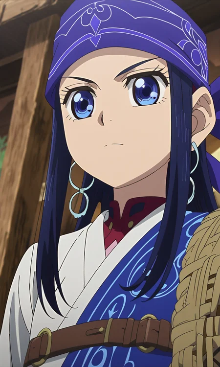 anime artwork Asirpa, blue hair, blue eyes, long hair, bandana, ear piercing,petite,flat chested,masterpiece,best quality,8k highres,detailed . anime style, key visual, vibrant, studio anime, highly detailed