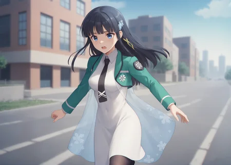 score_9,score_8_up,score_7_up,score_6_up,score_5_up,source anime BREAK,1girl,blurry,blurry_background,breasts,open_mouth,solo,upper_body,sweat,running,motion blur,chromatic aberration,film grain,scenery,
solo, shiba miyuki, black hair, blue eyes, first high school uniform, long hair, hair ornament, blunt bangs, white dress, black necktie, city, black pantyhose, see-through dress, 
 <lora:ShibaMiyuki-000007_compressed:0.9>