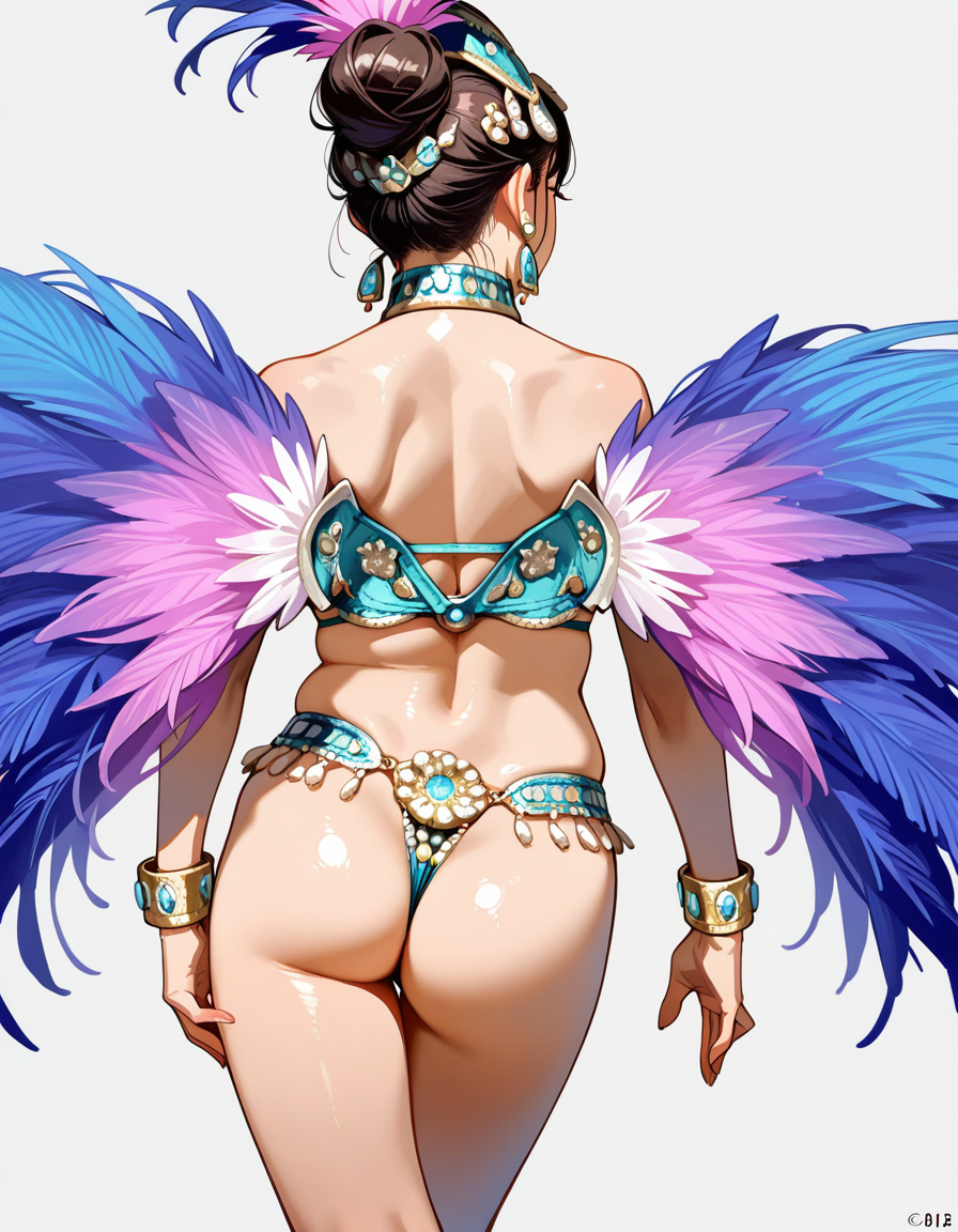 score_7_up, anime BREAK official art, 
<lora:Asakusa_Samba_Carnival:1>, Asakusa Samba Carnival, 
1girl, solo, ass, jewelry, from behind, bracelet, earrings, high heels, samba costume, revealing clothes, venus bikini, Revealing costume, 
(masterpiece:1.3), best quality, high resolution, unity 8k wallpaper, extremely detailed CG, 8K, (watercolor \(medium\), muted color, sketch:1.1), perfect anatomy, highly finished, masterpiece, best quality, high quality, amazing quality, great quality, very aesthetic, ultra detailed, highres, absurdres, highly detailed, highly detailed background,