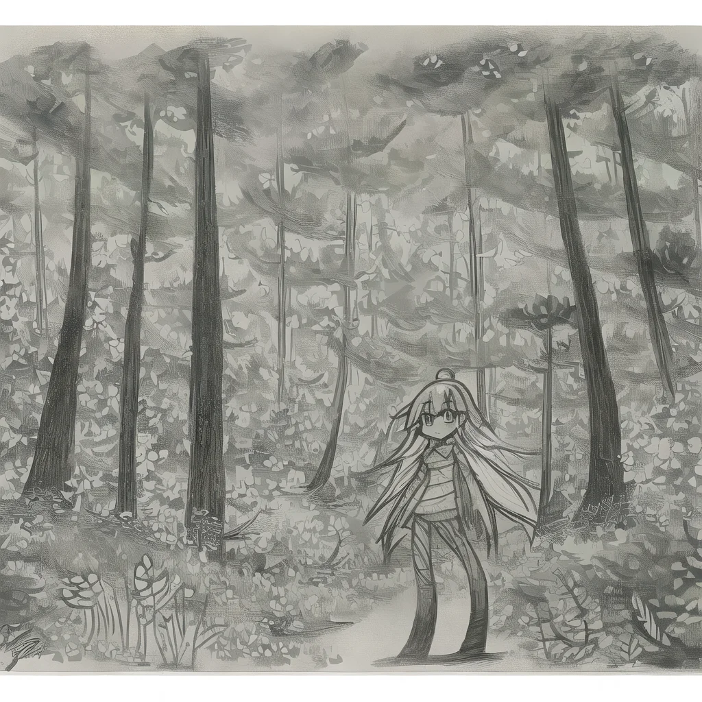 a cartoon drawing of a girl in front of a forest, pansto art style,