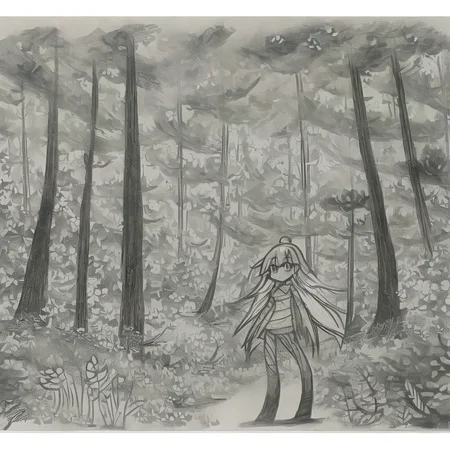 a cartoon drawing of a girl in front of a forest, pansto art style,